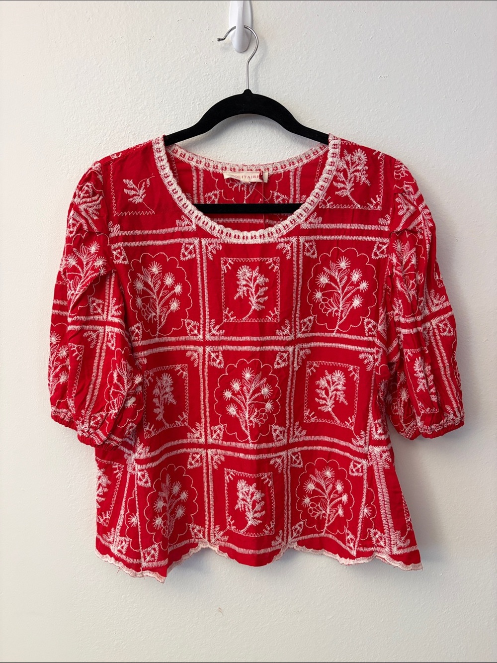 Solitaire Red Embroidered Puff-Sleeve Blouse